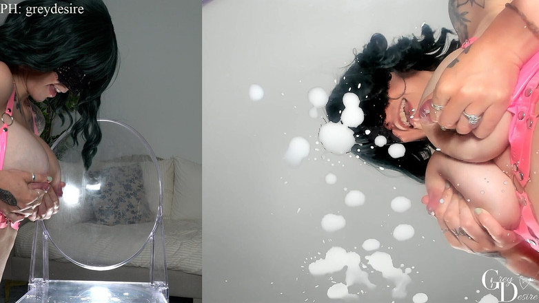 Grey Desire: Двойной угол милфы с большими сиськами с лактацией делает молочный беспорядок - серое желание