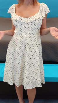 White Dress with Black Polka Dots & Black and Wood High Heels