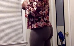SweetCakes at home in gray spandex