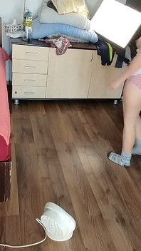 Sexy Brunette Having Fun Trying on Clothes. Sexy Stepmom Dances Naked Around the House.