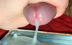 Langzaam sperma lekken tijdens het randen, en dan een grote machtige enorme lading in metalen lade loslaten, super extreme close-up cumshot, sperma