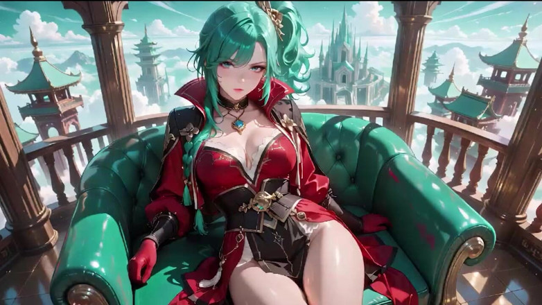 Tay Swift X: The Red-clad Blade's Private Tease! Green-haired Warrior in a Black-red...