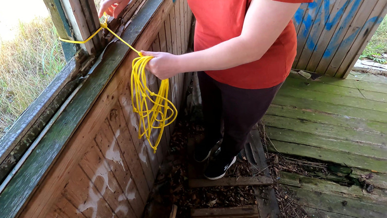 Bouncy Tits Action: Naked Crotch Rope Walk on Veranda