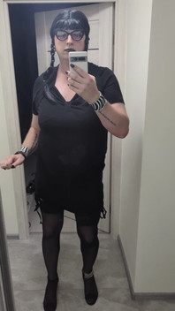 Sissy in Chastity Dances in Stockings & Heels with Big Fake Tits - Wednesday Addams Cosplay