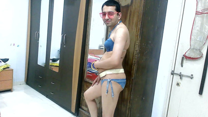 Cute & Nude Crossdresser: Hot sissy crossdresser femboy Sweet Lollipop in a denim bikini...