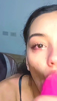 Hot College Girl Deepthroating a Dildo and Keeps Asking for Cum on Her Face