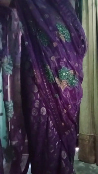 Indian Gay Crossdresser Bottom Gaurisissy Showing Her Big Boobs in Purple Saree