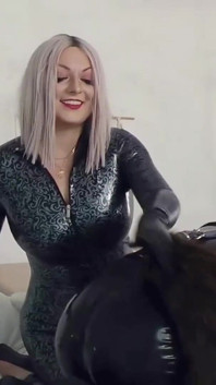 Pet Play with Heavy Rubber Fetish. Shiny Mistress in Latex Catsuit and Her Submissive. Positive Femdom.
