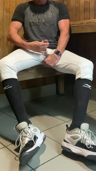 Buff Jacked Jockdad87 Edges in Baseball Gear in the Sauna