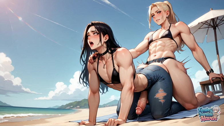 Femboy Hentai Haven: Ciesz się niechlujnym Femboy Transvestite Anal błogość na plaży podczas...