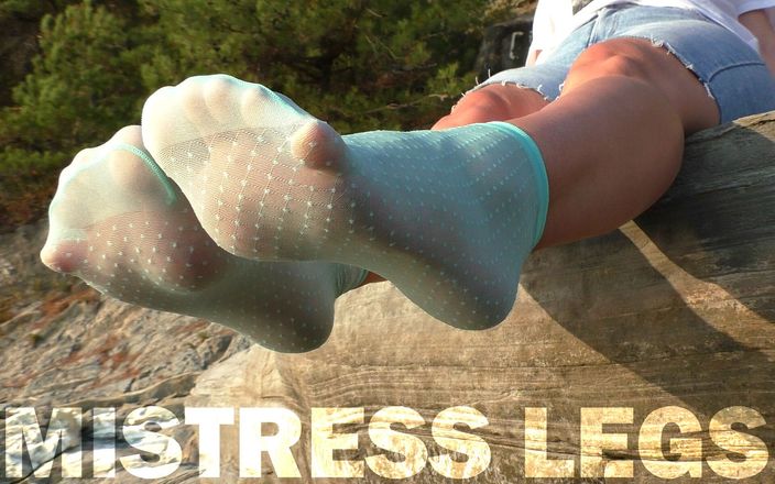 Mistress Legs: Outdoor Soles Tease in Cute Turquoise Nylon Socks Part 2