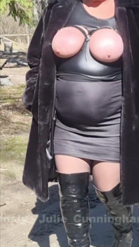 Julie Walking Through a Car Park Wearing Fur Coat, See Her Bound Tits Sticking Out