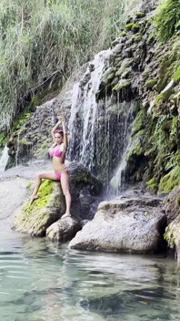 Monika Fox in Pink Bikini and Naked at Waterfall and Cave
