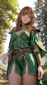 Green Elf in the Forest Secret! Kneeling Gaze Under Dappled Sunlight, a Dreamy Tease with Fingertips Touching Her Lips