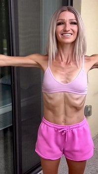 スキニーフィットのブロンドガールがバルコニーでストレッチとトレーニングをする