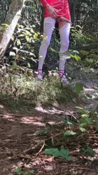 Outdoor Exhibition In The Woods Pink Heels White Stockings And Latex Mini Skirt