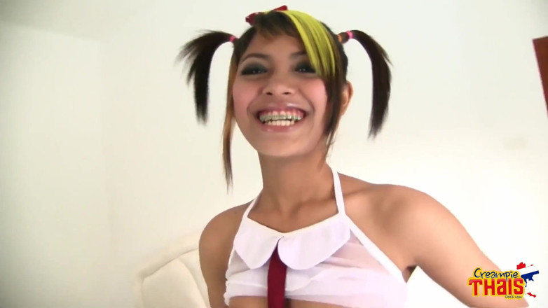Creampie Thais: 18 Yo Sarika in White Fishnets Gets Fucked