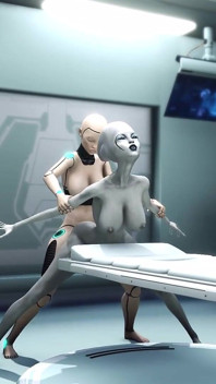 Hete seks! Sci-fi Android neukt een alien hard in de operatiekamer in het ruimtestation