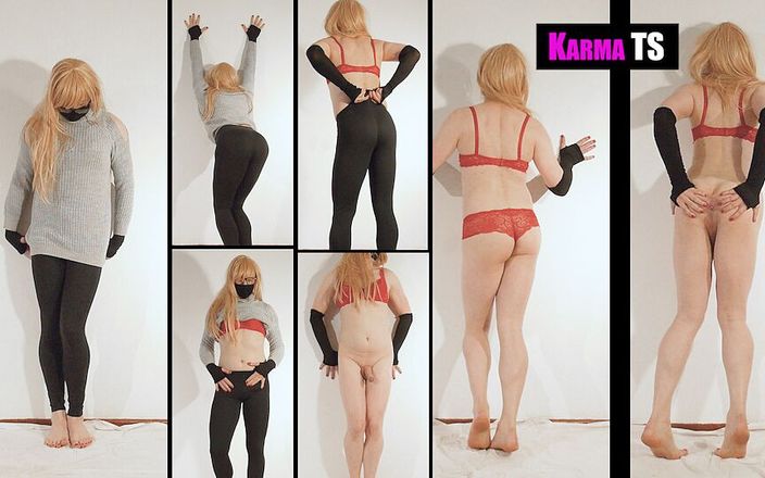 Karma TS: セクシーなレギンスとホットレッドのランジェリーでストリップショーを踊るかわいいKarmaTS!