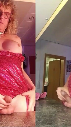 Tgirl Anna Cums with a Pink Foxtail Plug in Her Ass and Wears a Pink Dress