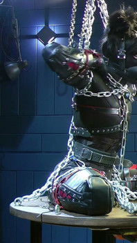 Furry Puppy in Thick Chains Corset, Armbinders & Stress Pose