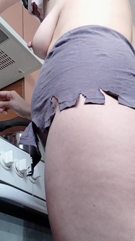 Sexy Naked Wife Preparing Food in the Kitchen. Hairy Brunette, Big Ass, Big Tits.