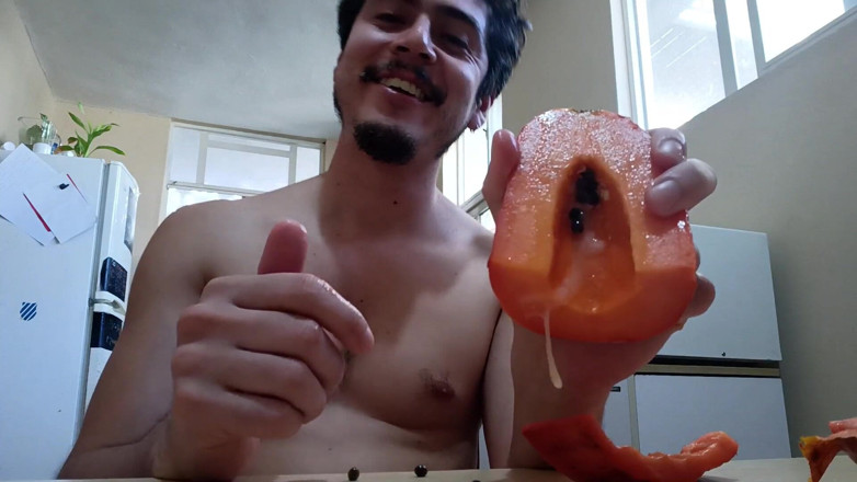 Tabasco Jake: Handsome Guy Fucks a Papaya, Cums Inside and Eats It