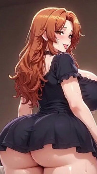 Vollbusige rothaarige bÃ1/4ckt sich in einem kleinen schwarzen kleid über dem bett, zeigt ihren runden arsch