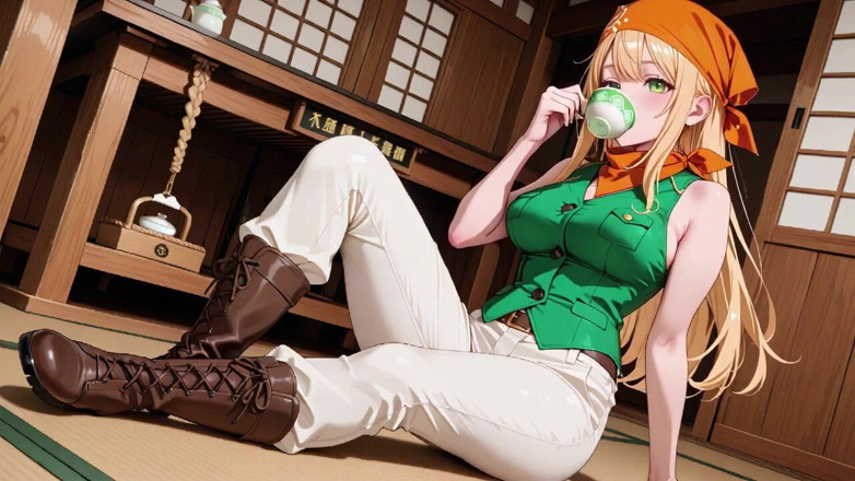 Tay Swift X: 金髪の海賊船長!緑の制服と日当たりの良いデッキの粗いロープ。ゆったりとしたポーズ、長い脚を露出させ、あのからかうような視線