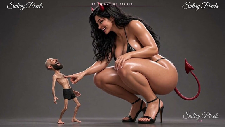 Sultry Pixels 3D: Obří She-devil svléká nahoře bez pro jejího drobného vousatého muže -...