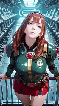 Bên trong tàu Sci-fi, cô mặc một bộ giáp màu xanh lá cây khít khao, chạm vào đôi môi đỏ của mình trong khi nhìn vào thiên hà qua lỗ cổng.