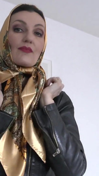 Satin Headscarf Fashion Show, Satin Headscarf and Leather Jacket, JOI Lady Victoria Valente