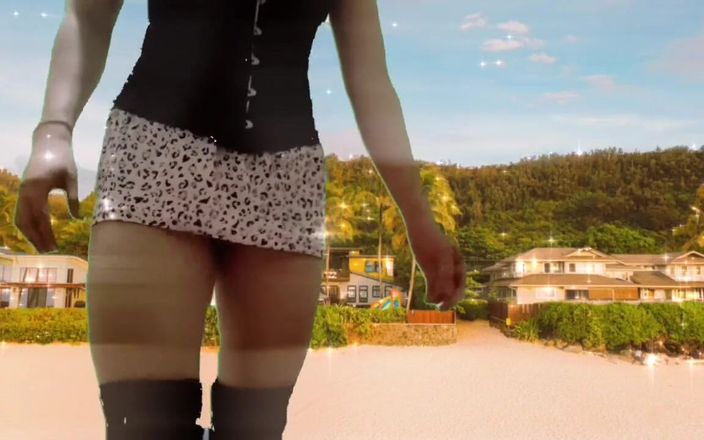 Ladyboy Kitty: Schattig t-meisje danst buitenshuis op het strand onder de zonnige...