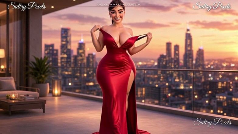 Sultry Pixels 3D: Elegantní brunetka s chlupatou buchtou se svléká na terase - Šaty do...