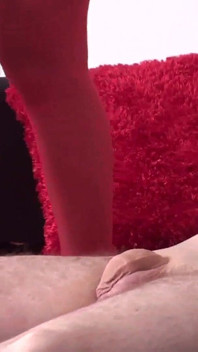 Super Sexy Ebony in Red Pantyhose Walk on Naked Guy