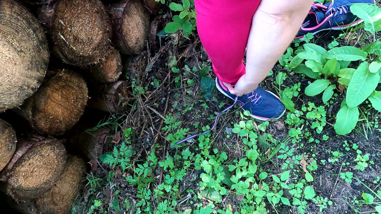 Bouncy Tits Action: Lie Down on the Tree Trunk with Your Bare Torso