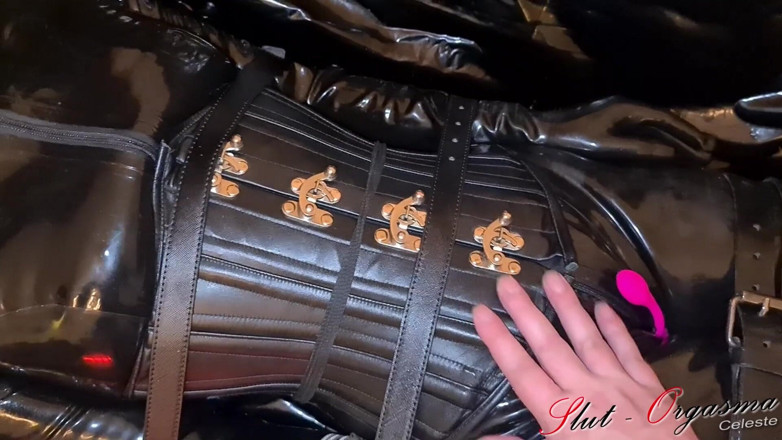 Slut Orgasma Celeste: Slave slut-orgasma Celeste bound in black latex and leather pushed...