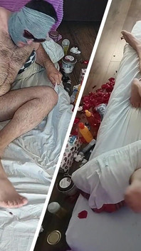 Gekke seks in de slaapkamer met een amateurpaar.