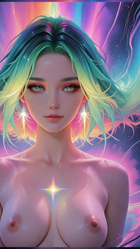Kosmiskt neon skönhetsporträtt med ljusstarla ögon drömlik fantasi ai konst bildspel