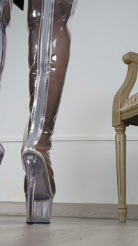 Shoeplay & Walking in High Heel Clear Pvc Thigh High Boots - Dame Olga 4K (743)
