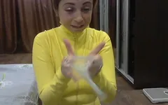 I'm Wearing a Yellow Latex Catsuit, Playing with a Condom and Being Such a Dirty Blonde! I Love Licking Latex!