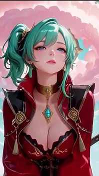 The Red-clad Blade's Private Tease! Green-haired Warrior in a Black-red Battle Robe, Commanding yet Shy on the Floating Terrace.