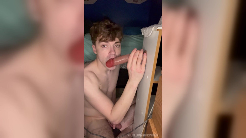 Niko Springs: Cock-desperate Twink Swallows Giant Dildo