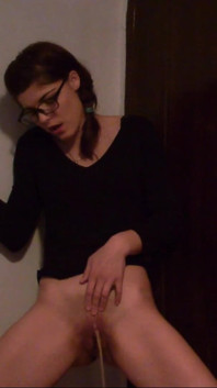 Skinny Teen with Glasses Full Bladder Standing and Pee on the Floor