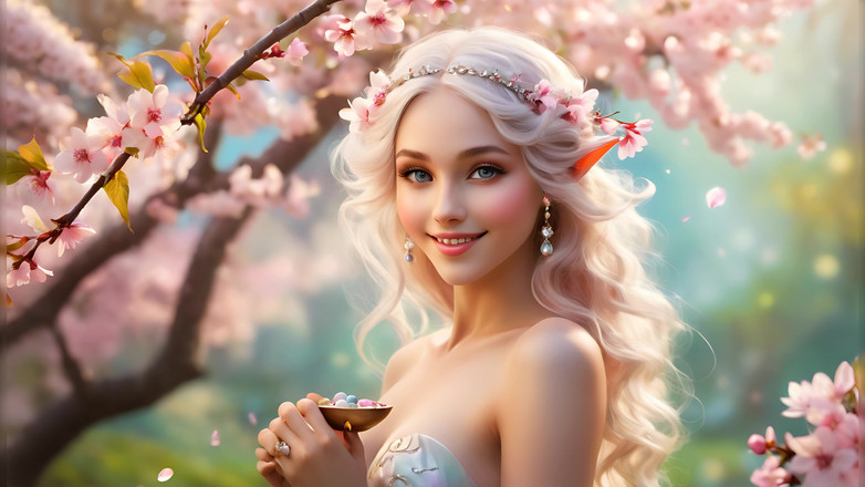 LustRender: Mujer desnuda sonriente sosteniendo cerezo, usando joyería de diamantes blancos...