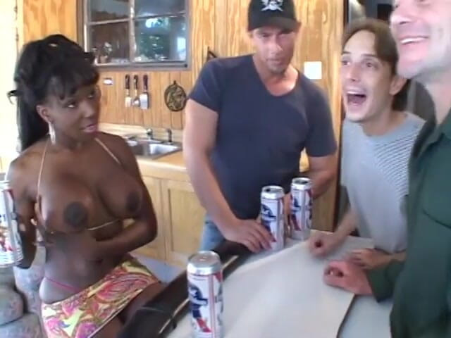 Hot and Wet: Black MILF with huge jugs runs into a horny group...