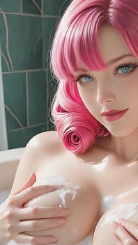 ネオンピンクのカールを持つ美しいヌード女性が月明かりの岸辺で深く指で愛撫