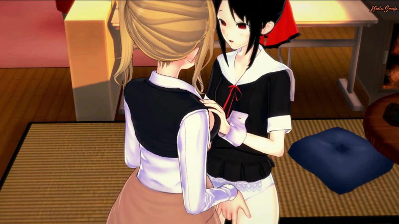 Hentai Smash: Kaguya Shinomiya dijilat pepeknya oleh Ai Hayasaka sebelum menunggang strap-on -...