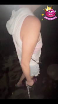 Late Night Stroll with My Locked Chastity Subs Caged Cock Exposed and on a Leash