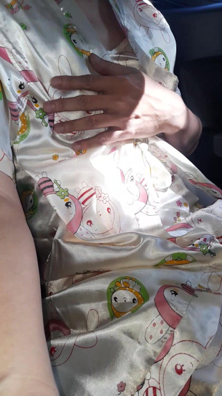 Crossdressing and Cum Inside Satin Pajamas with Kimono Set